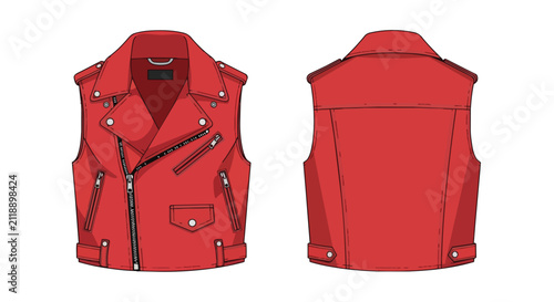 Red Sleeveless Biker Jacket Technical Illustration with Front and Back View for Fashion Design and Apparel Mockup