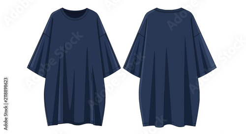 Navy Blue Baggy Oversized Cotton T-Shirt Flat Illustration Front and Back View Mockup for Clothing Designer
