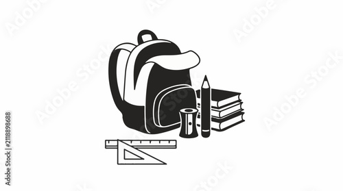 A black and white graphic depicts school supplies including a backpack books pencil sharpener and ruler