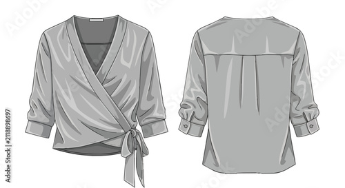 Women's Grey Wrap Blouse Technical Flat Sketch with Side Tie and Long Sleeves Front and Back Views Fashion Template