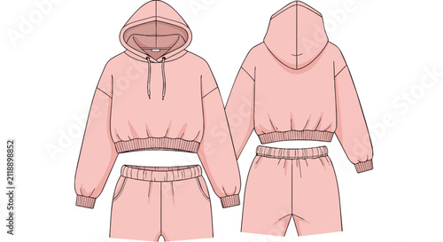 Pink Women's Cropped Hoodie and Elastic Waist Shorts Set Fashion Technical Flat Sketch Front and Back
