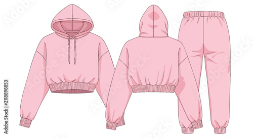 Pink Women Cropped Hoodie and Matching Jogger Pants Set Fashion Technical Flat Sketch for Apparel Design Templates