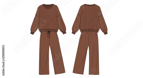 Technical Sketch of a Brown Long Sleeve Jumpsuit Featuring Drawstring Waist and Wide Leg Trousers for Women Front and Ba