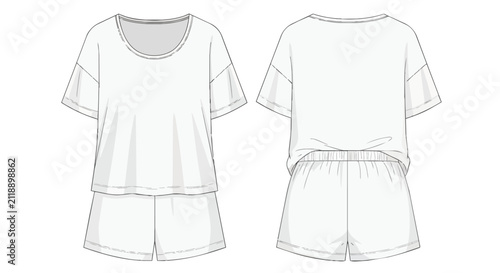 Women's Pajama Set Technical Flat Sketch Short Sleeve T-Shirt and Shorts Sleepwear Mockup Template Front Back View