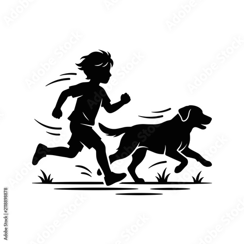 Silhouette of a boy running with his dog outdoors.