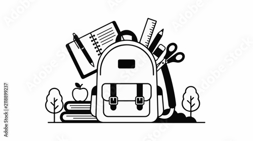 A black and white illustration of a backpack books apple and stationery items