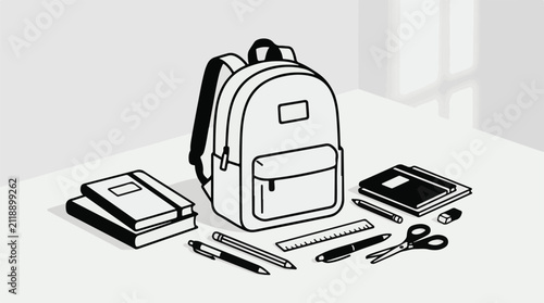 A black and white illustration of a backpack and school supplies on a desk