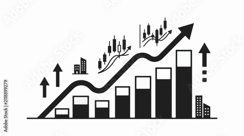 A black and white illustration depicts upward financial trend symbols