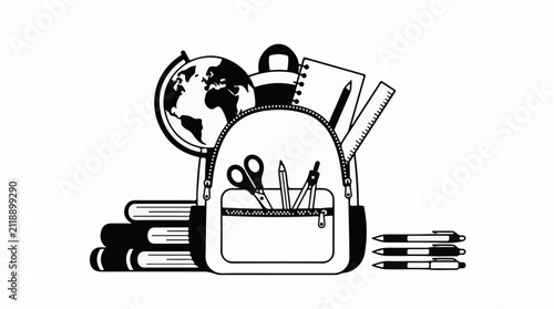 A black and white illustration depicts a backpack filled with school supplies a globe and books
