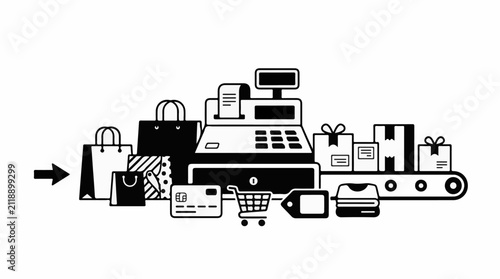 A black and white illustration depicts a shopping conveyor belt with bags and boxes