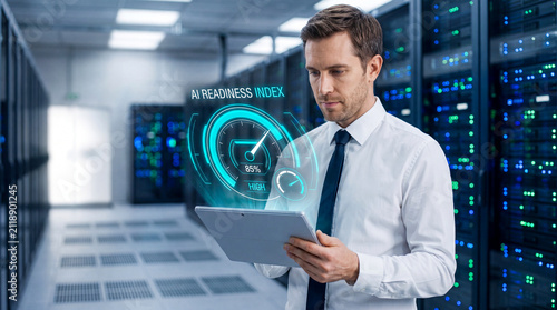 Professional male IT system administrator holding digital tablet analyzing AI readiness index graphics performance dashboard metrics while working inside high tech server room data center facility