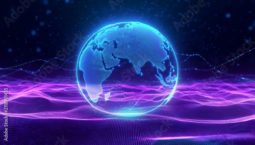 glowing blue earth hologram floats over neon purple particle waves digital abstract futuristic cyberspace with sparkling dots global network data flow sci fi concept