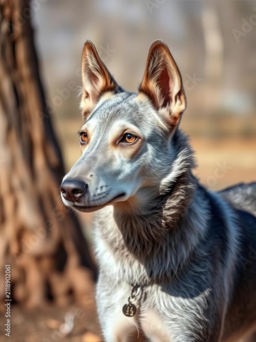 Pensive Kelpie with silver-gray coat, thoughtful pose, and introspective gaze, standing near a tree, pensive, ||Australian Kelpie