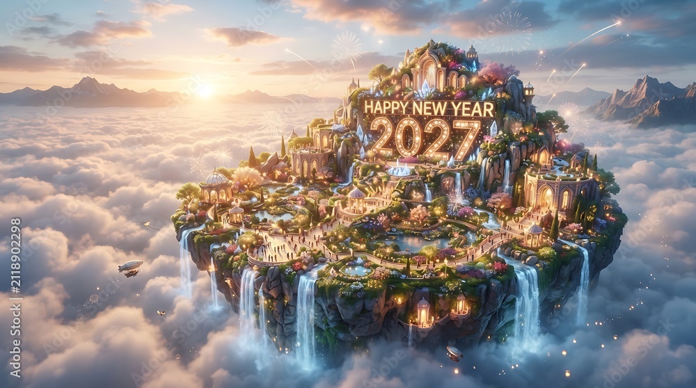Obraz premium Fantasy floating island with magical castle and waterfalls, happy new year 2027 sign, dreamlike landscape above clouds at sunset
