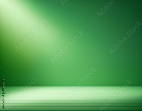 green background wall studio with light ray shadow on 3d stage podium product display kitchen wall room empty stand mockup with white light on color green floor interior scene soft gradient texture