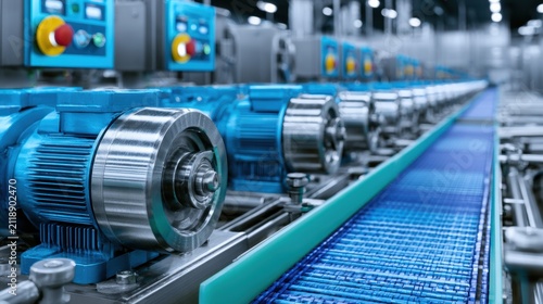 Industrial manufacturing plant with advanced machinery featuring electric motors and conveyor systems in high-tech production environment