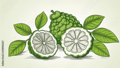 hand drawn sketch of bergamot citrus fruits with leaves and slices