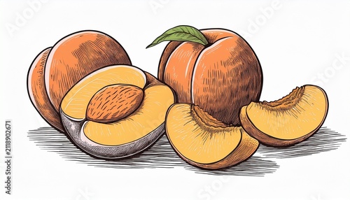 hand drawn sketch of peaches and slices isolated on white background