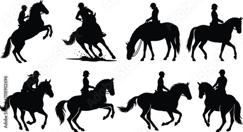 Fotografie Equestrian Horse Rider Silhouette Set Featuring Jumping Galloping Walking and Gr