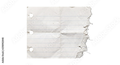 White torn ruled notebook paper with punched binder holes, ripped fibrous edge and realistic paper creases, isolated on transparent background