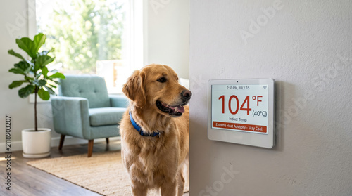 Golden retriever standing calmly beside a wall thermostat displaying a high temperature of 104 degrees