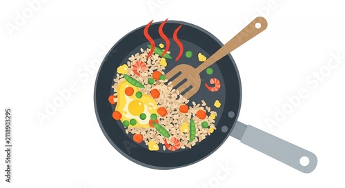 Vector Illustration of Fried Rice with Shrimp Vegetables and Fried Egg in a Frying Pan