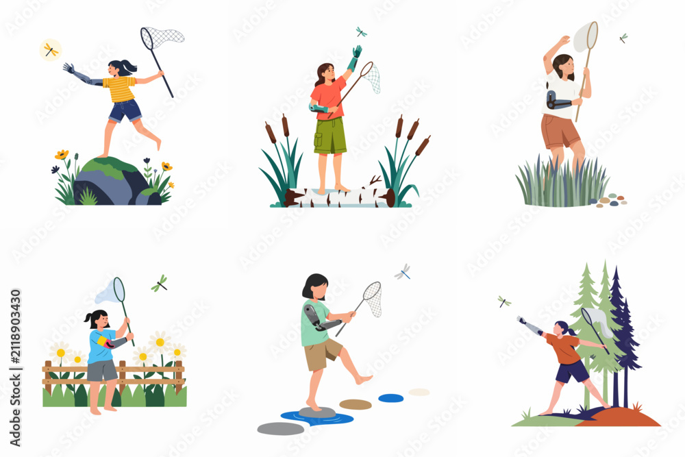 Fototapeta premium Inclusive illustrations of young girls with bionic arms catching dragonflies in various outdoor settings, highlighting accessibility and the joy of nature.