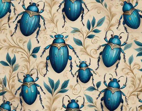 intricate seamless pattern of stylized blue beetles surrounded by delicate floral vines and leaves on a light cream textured background