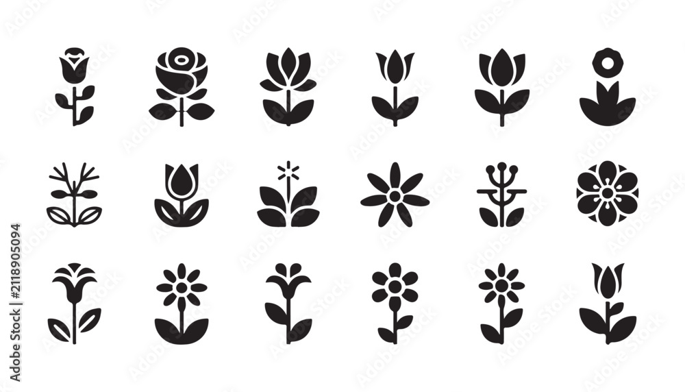 Fototapeta premium Variety of simple flower icons in black on transparent background for design.