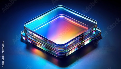 precise iridescent discs glass plates on a dark blue background