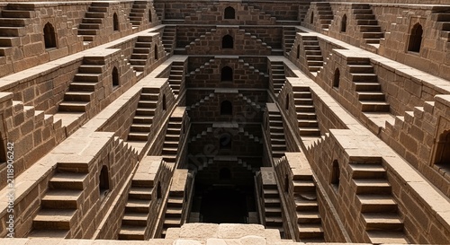 Intricate geometric patterns of an ancient stepped well create a mesmerizing architectural perspective.