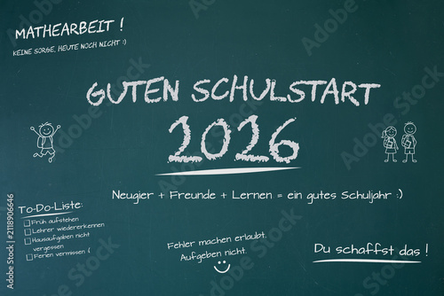 Принти на полотні Tafel mit Text GUTEN SCHULSTART 2026 und humorvollen und motivierenden Sprüchen
