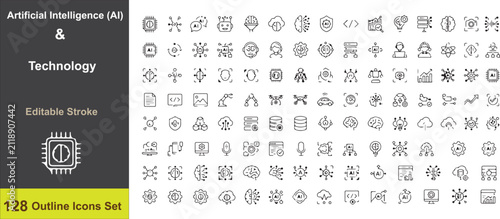 Artificial Intelligence and Cyber Technology Linear Vector Icons Set for UI UX Design