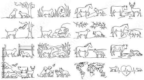 Sticker Continuous Line Art Animal Collection: Pets, Farm, Wild Animals, Nature, World M