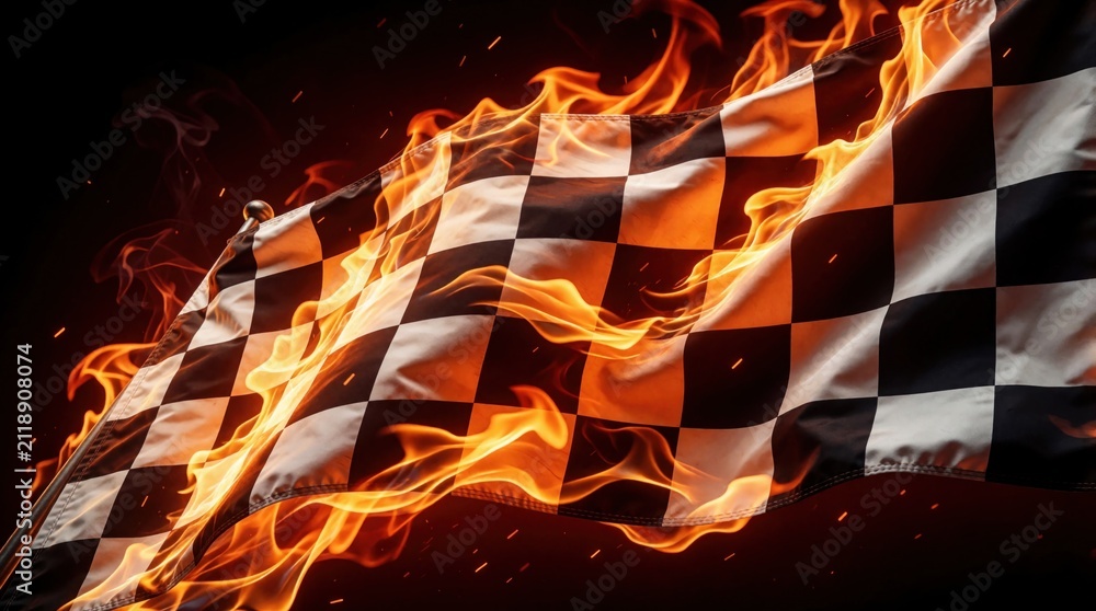 Obraz premium Checkered racing flag engulfed in flames. Dynamic motion and abstract design convey speed and competition. Burning fabric creates dramatic effect for sports or victory themes.