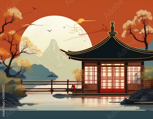 traditional chinese brush painting of an herbal medicine clinic minimalist serene