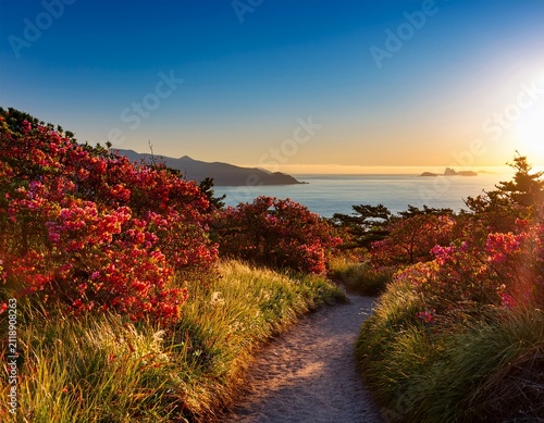 trail winds uphill through native trees and red flowered shrubs toward ocean islands at sunrise golden light hits grass calm sea under clear sky