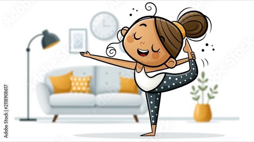 Cute cartoon girl in yoga pose, in the living room flat design illustration