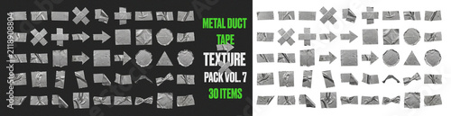Duct tape texture strips and adhesive elements, realistic silver metal tape pieces with creased surfaces. Industrial torn masking tape set for scrapbook, photo collage, urban branding and web design