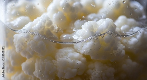 Close-up of milky kefir grains fermenting in a glass jar with gentle bubbles forming.