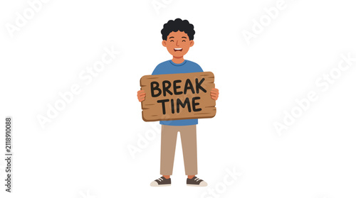 Smiling Young Man Carrying Wooden Board Saying Break Time Graphic Flat Design Illustration On White Background