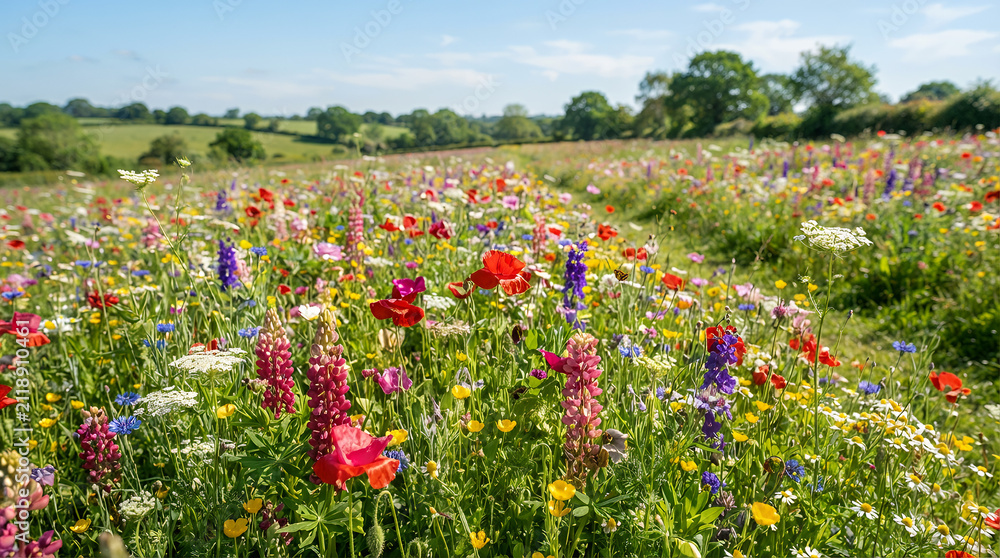Obraz premium Colorful wildflower meadow with bright blooms under a sunny sky
