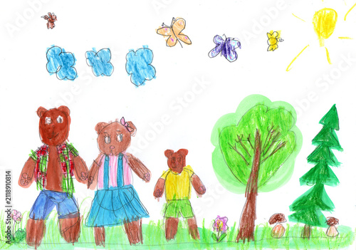 Drawing of characters from a fairy tale and story. Pencil art in childish style