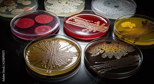 Diverse bacterial cultures growing in petri dishes under laboratory lights