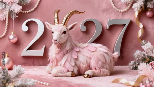 Luxury New Year 2027 flat lay on dusty-pink velvet featuring a feather-covered Fire Goat sculpture with rose-gold horns, metallic 2027 typography, frosted pine, pearls, ornaments, and ribbons.