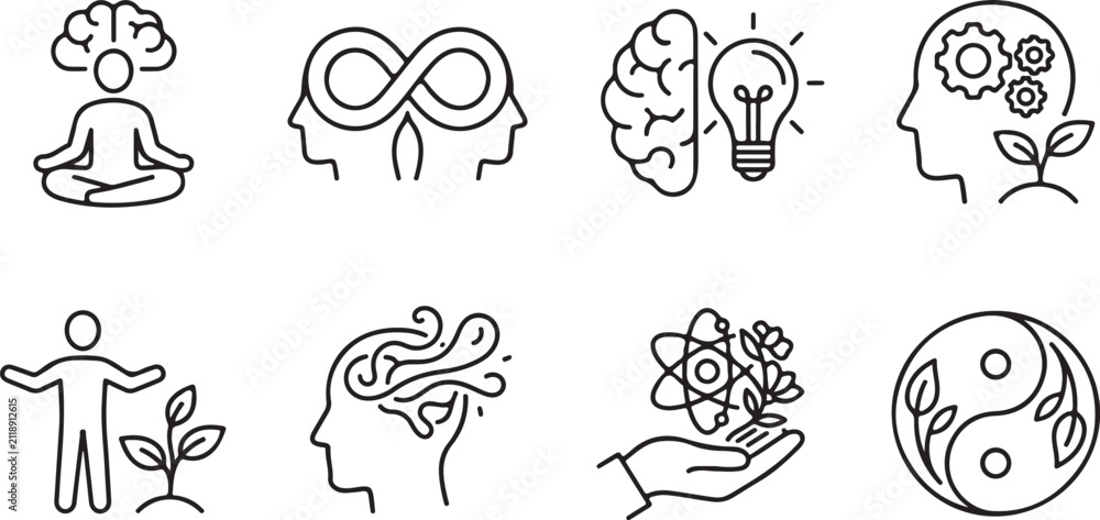 Obraz premium Set of mental health consciousness and spiritual growth outline icons spirituality consciousness