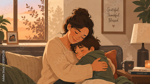 Peaceful mother son hug at home in warm living room with sunset light, family comfort and love