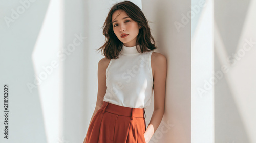 A beautiful young woman with brown hair stands leaning against a white wall while wearing a white sleeveless top and orange trousers in a bright room
