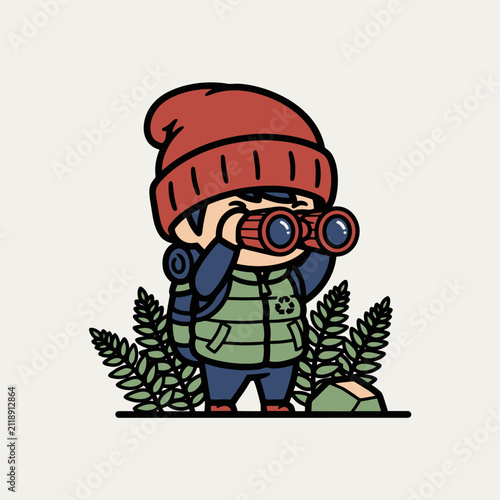 Charming Cartoon Hiker with Binoculars Exploring Nature.