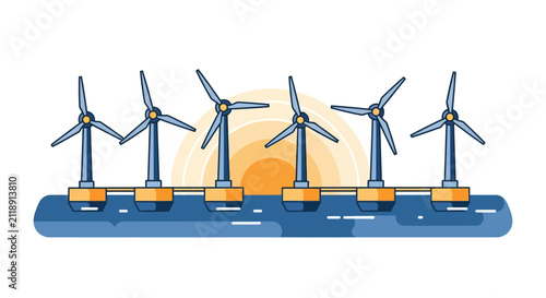 Offshore Wind Farm Illustration with Floating Turbines at Sunset on the Ocean for Renewable Energy Concepts